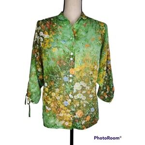 Vintage 70s Jinny Jin Floral Button Down Sheer Blouse Wide Sleeve Size S